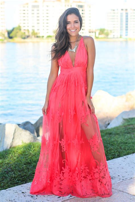 coral floral tulle maxi dress with criss cross back maxi dresses saved by the dress