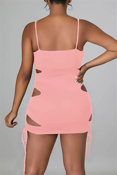 Sexy Solid Ripped Hollowed Out Split Joint Spaghetti Strap Sling Dress