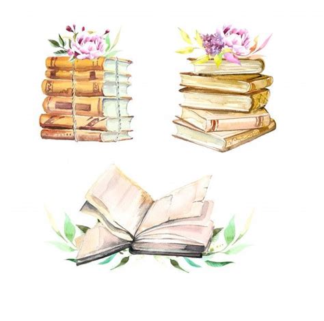 Watercolor Books Stack And Flowers Illustration Isolated On White In