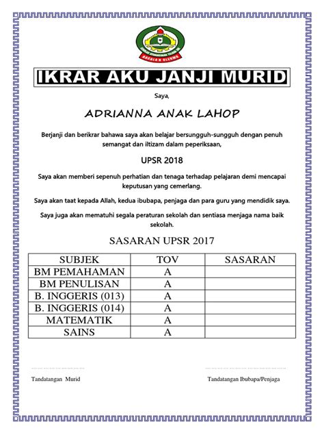 Contoh surat aku janji sukarelawan. Ikrar Aku Janji Murid