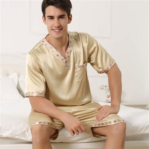 satin silk pajamas shorts for men rayon silk sleepwear summer male pajama set soft nightgown for
