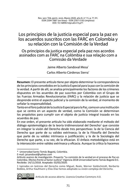 Pdf Los Principios De La Justicia Especial Para La Paz En Los Acuerdos Suscritos Con Las Farc