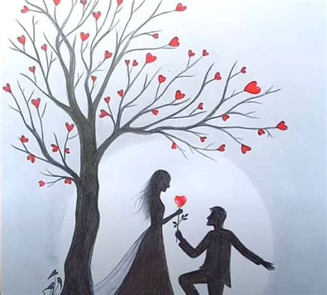 How To Draw Romantic Couple Under Love Tree Pencil Sketch Easy Love Drawings Romantic