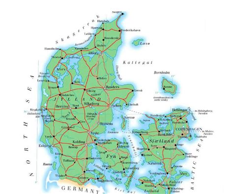Denmark map and satellite image. Large elevation map of Denmark with roads, cities and ...