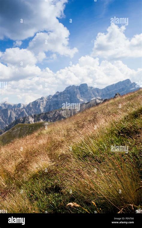 Steep Hillside And Mountains Brixen Dolomites Austria Stock Photo