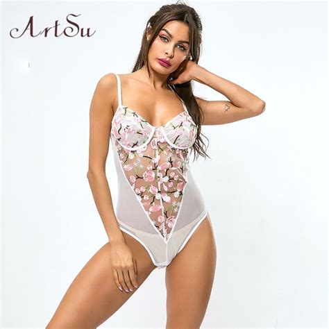 Artsu Women Floral Embroidery Bodysuit 2019 Beachwear Femme Sexy Backless Jumpsuit Mesh Sheer