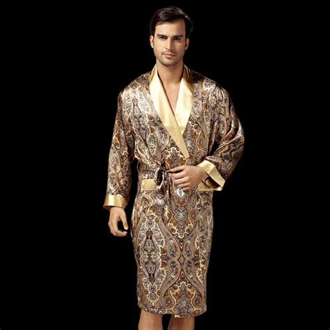Brand Luxury Silk Robe Men Long Sleeved Robe Printed Bathrobe Male 100