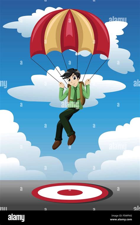 A Vector Illustration Of Businessman With A Parachute Landing On A