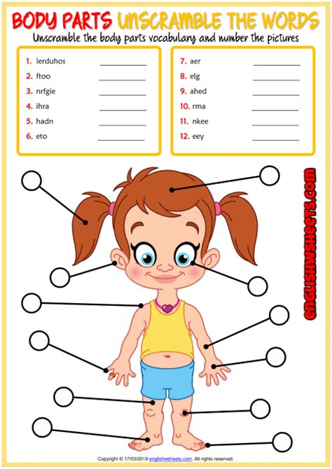 Body Parts Esl Unscramble The Words Worksheet For Kids