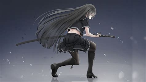 Download Wallpaper 1600x900 School Uniform Katana Warrior Anime Girl