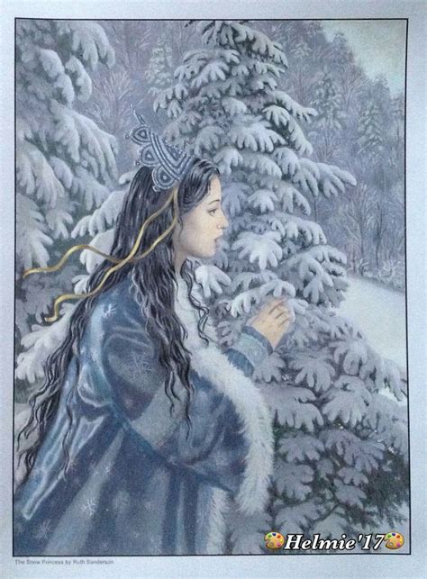 A Painting Of A Woman Standing In Front Of Snow Covered Trees With Her