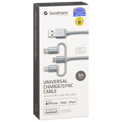Goodmans 3 In 1 Charging And Sync Cable Grey Electrical Bandm