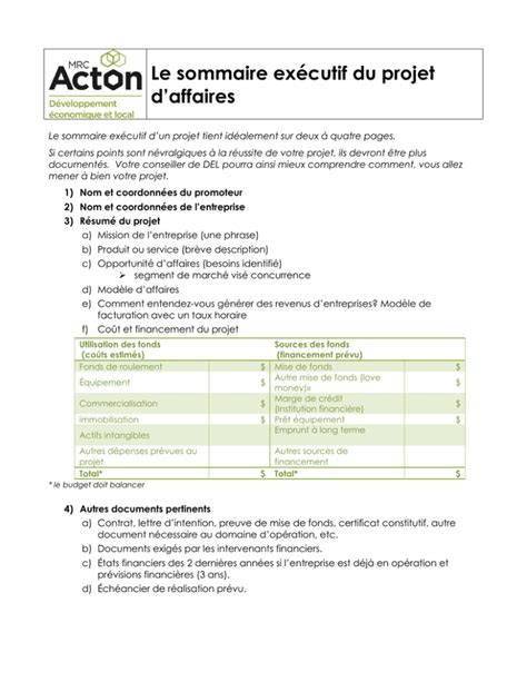 Le sommaire exécutif du projet d`affaires