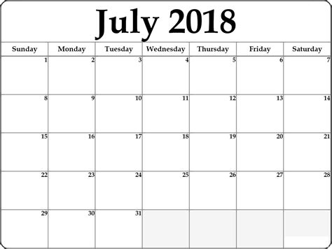 Calendar Blank July Calendar Printable Free