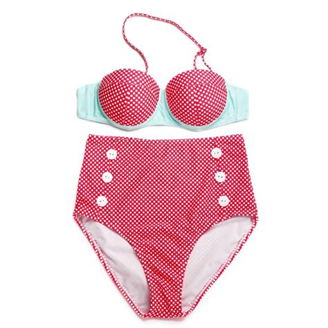 New Lovey Cute Polka Dot Bikini Swimsuit With Bandeau Top And High Waist Bottom In Low Price