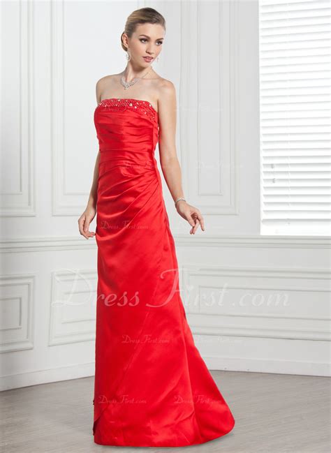 Sheathcolumn Strapless Floor Length Satin Bridesmaid Dress With Ruffle