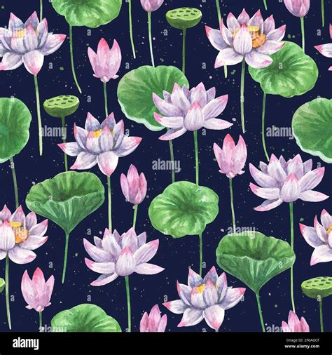 Artistic Seamless Patterns With Watercolor Painted Lotus Flowers And
