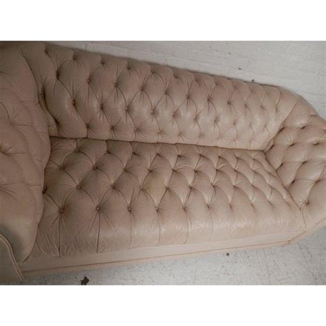 Fabric sofa with a wooden frame Beige Tufted Mid-Century Chesterfield Sofa | Chairish