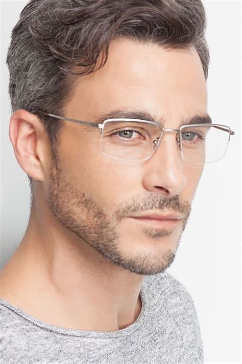 silver rectangle prescription eyeglasses large semi rimless metal eyewear system beard styles