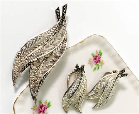 vintage 925 sterling silver and marcasite brooch and earrings hallmarked germany fine filigree