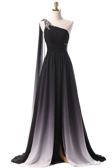 Black Ombre Chiffon One Shoulder Prom Dresses Formal