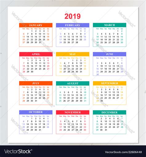 Wall Calendar For 2019 Year From Sunday To Vector Image