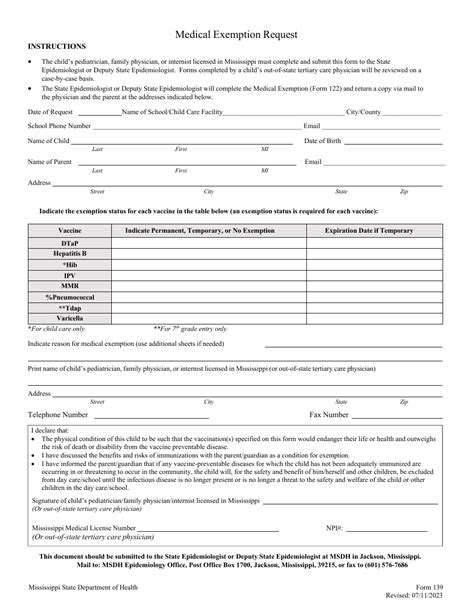 Form 139 Download Fillable Pdf Or Fill Online Medical Exemption Request