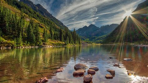 Nature Landscape Trees Clouds Rocks Lake Water Sun Rays Mountains Water Ripples Clear