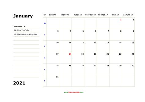 Free Download Printable Calendar 2021 Large Box Holidays Listed