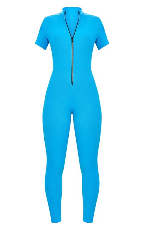 Bright Blue Rib Zip Front Short Sleeve Catsuit Prettylittlething Ca