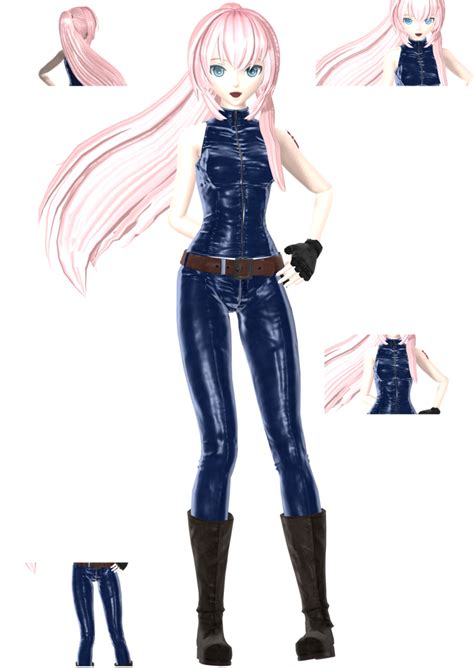 An Anime Character With Long Pink Hair And Black Boots Standing In Front Of A White Background