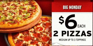 Medium pizzas run 12 inches in diameter and will give you about eight slices. News: Pizza Hut - Big Mondays - Two Medium Pizzas for $6 ...
