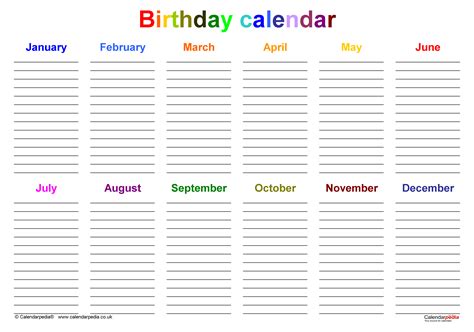 Birthday Calendar Template Word