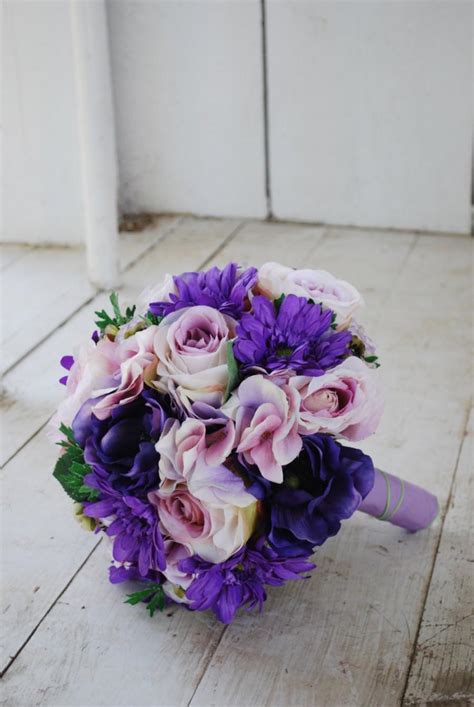 Silk Bridal Bouquet Purple Roses Gerbera Daisies Lavender Hydrangeas