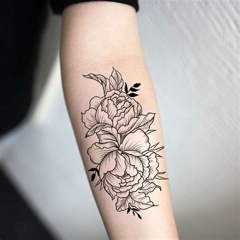 Garnet Delicate Black Peony Flower Outline Temporary Tattoo Flower