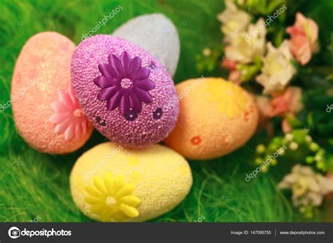 Decorative Eggs On Green Grass Chicken Basket Concepts Easter Eggs