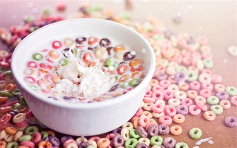 Assorted Color Fruit Loops Cereal With Milk And Bowl Hd Wallpaper
