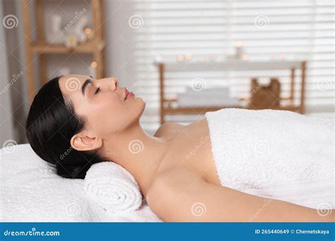 Beautiful Woman Relaxing On Massage Table In Spa Salon Stock Image Image Of Medical Enjoy