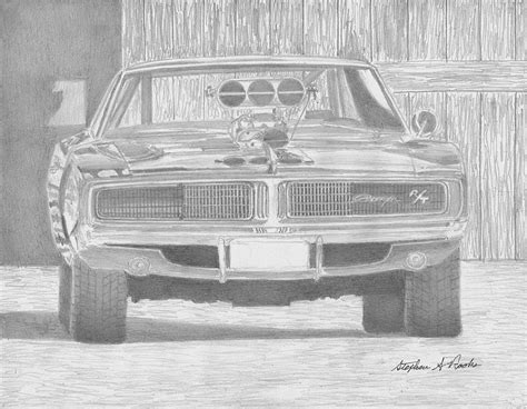 1969 Dodge Charger Rt Front View Muscle Car Art Print Drawing By