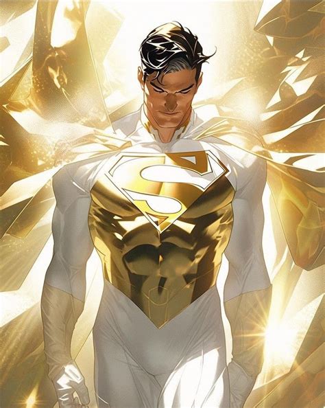 A Man In A White And Gold Superman Suit With His Hands On His Hips
