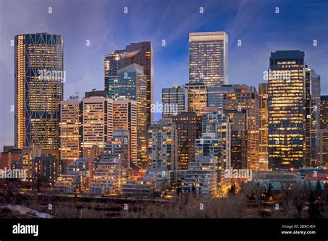 Calgary Skyline At Night Bow River And Center Street Bridge Calgary