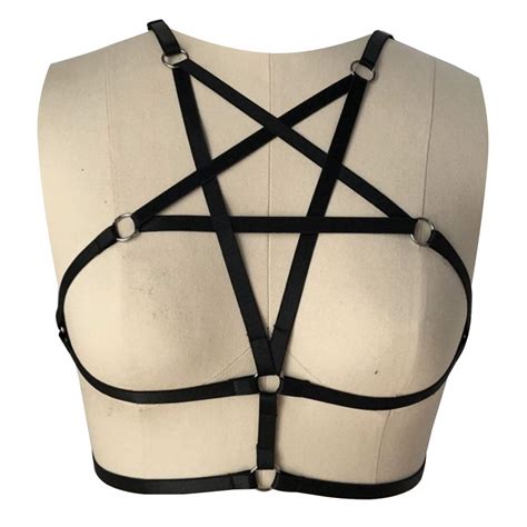 Sexy Women Harness Halter Pentagram Body Harness Bra Caged Bra Cupless Bra Punk Gothic Style