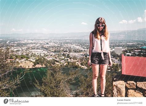 Girl At Hollywood Hills With Panoramic View Of Los Angeles A Royalty