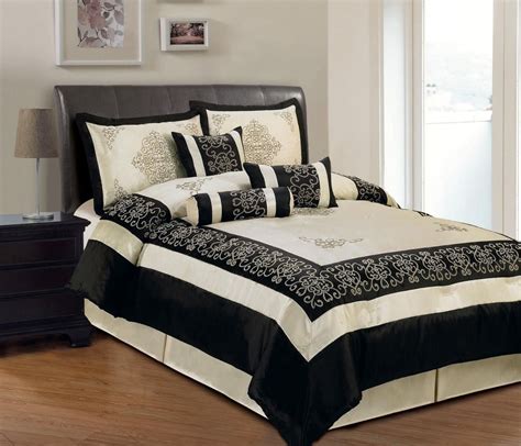 Bedding Faux Silk Beige And Black 7 Pcs Queen Comforter Set Comforter