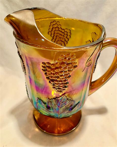 Vintage Marigold Carnival Glass Water Pitcher Interior Rays Iridescent