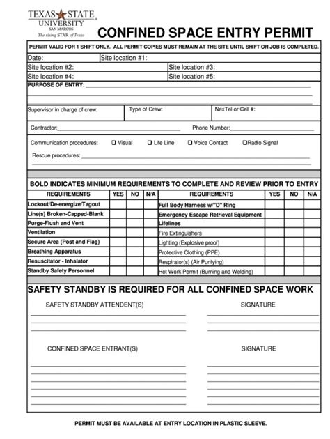 What Are The Requirements To Be On A Confined Space Entry Confined Space Entry Form Template