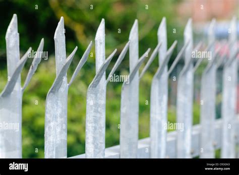 Top Of A Galvanised Steel Fence With Spikes To Prevent Climbing Stock