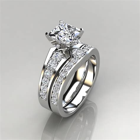 Moissanite Graduated Pave Princess Cut Engagement Ring And Wedding Band