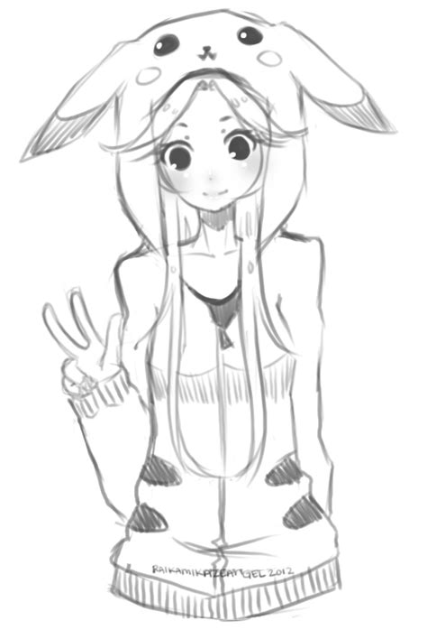 Anime Girl With Pikachu Hoodie Drawing Sketch Coloring Page