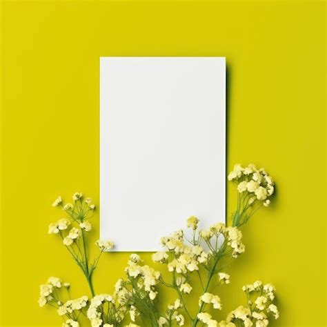 Premium Ai Image Blank White Card With Flowers Around It On A Chartreuse Color Background